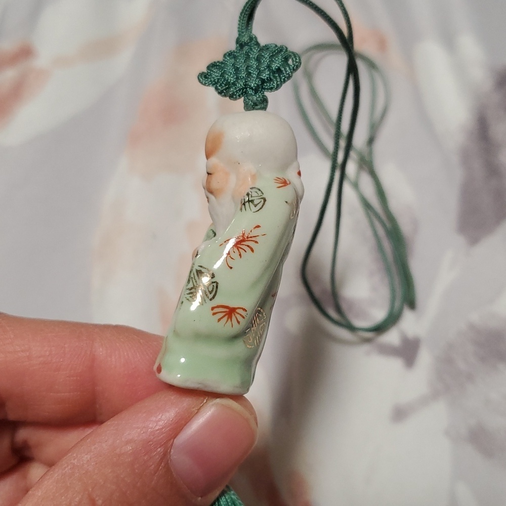 Green Luck God Fukurokuju Ceramic Pendant Necklace - Picture 4 of 8